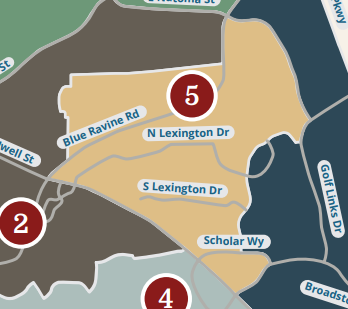 Folsom City Council District 5 map showing boundaries along Blue Ravine Rd, N Lexington Dr, S Lexington Dr, and Scholar Wy